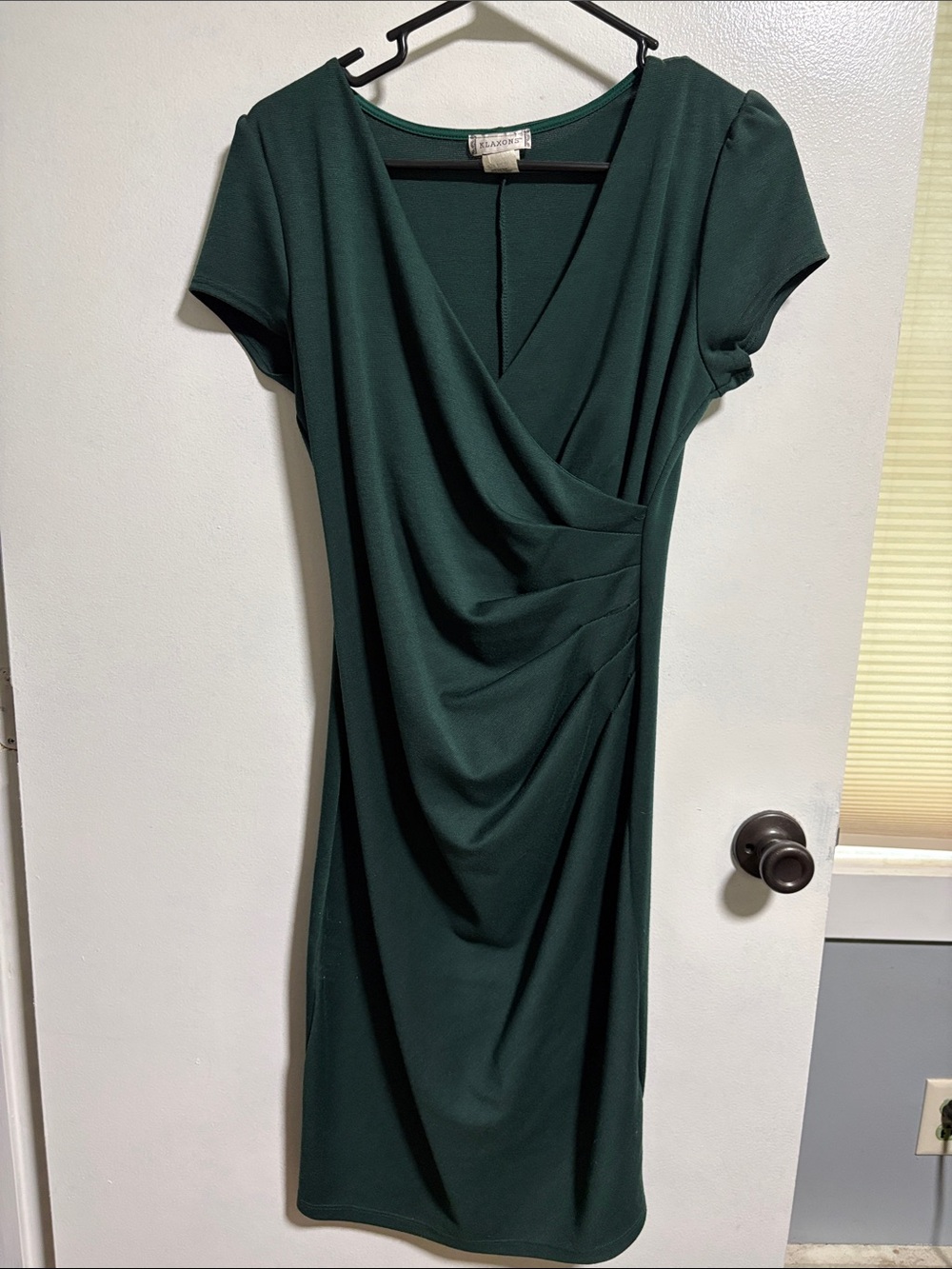 Forest Green Draped Midi Dress with V-Neck